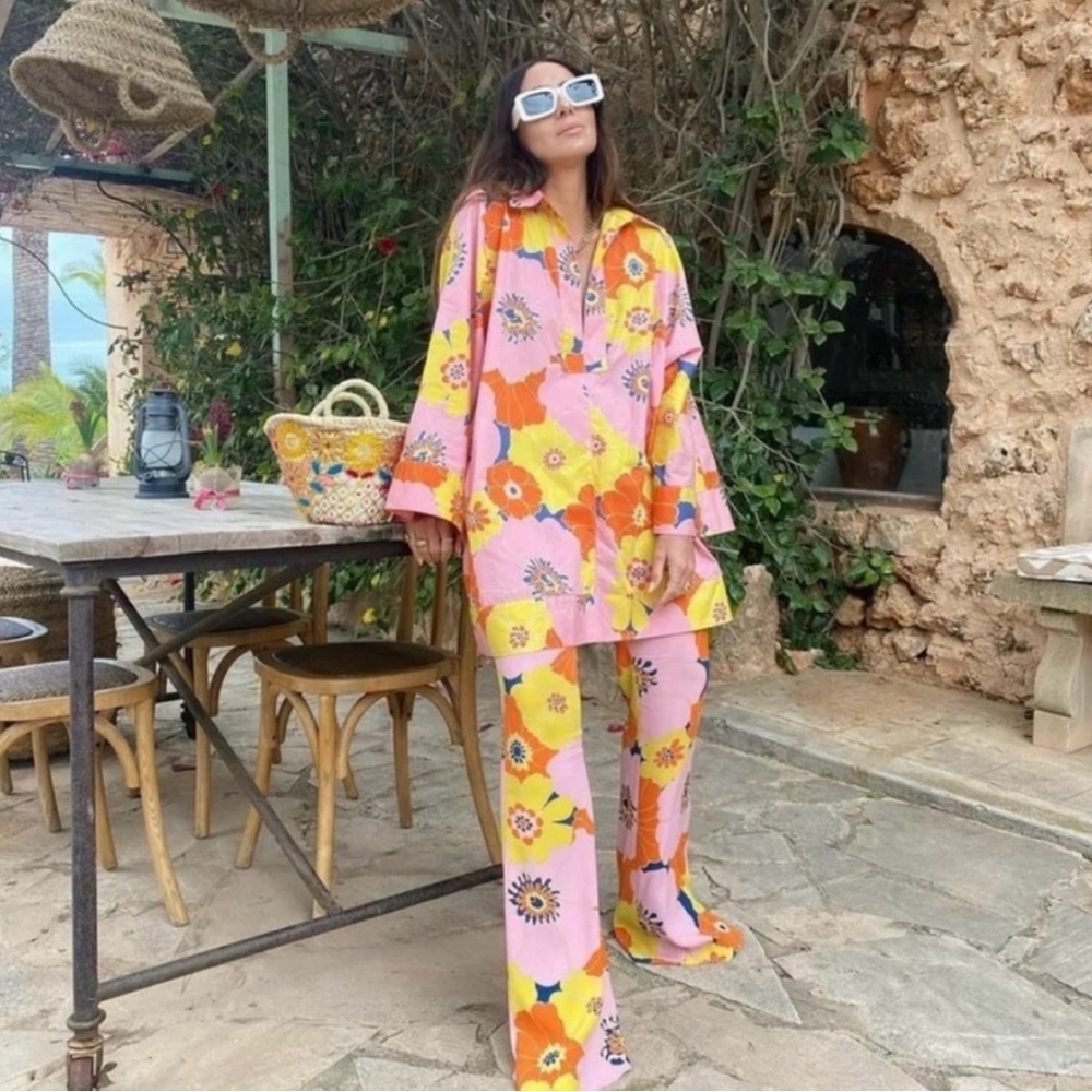 Zara Retro Pink Orange Yellow Floral Printed Oversized Tunic Size Small with hat - Picture 4 of 10